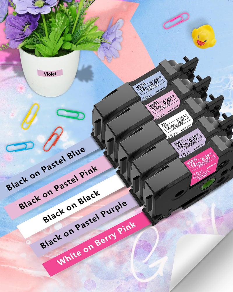 COLORWING 5-Pack Compatible Brother P-Touch Label Tape TZe TZ Tape 12mm 0.47 Laminated Label Maker Tape  for Brother Ptouch PT-D210 PT-H110 PT-D220 PTD610BT D400 D600  White/Berry Pink/Purple/Pink/Blue - Image 3